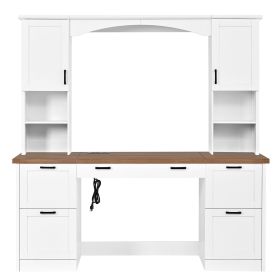 Farmhouse Arched Computer Desk with Hutch, Mid-Century Walnut Home Office Workstation with Charging Station & Keyboard Tray