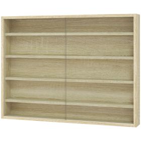5-Tier Display Cabinet, Wall-Mounted Display Case with 2 Glass Doors and Adjustable Shelves, Oak