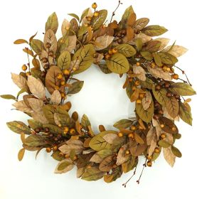 20-inch fall wreath adorned with brown magnolia leaves and small pomegranate berries, suitable for home, outdoor, farmhouse, porch, wall