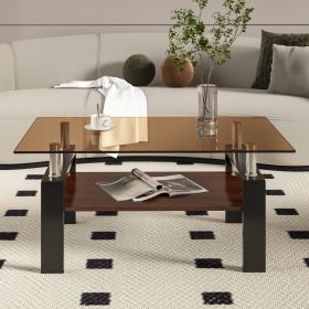 Rectangle Coffee Table, Tempered Glass Tabletop with MDF Layer, Modern Table for Living Room , Brown Glass