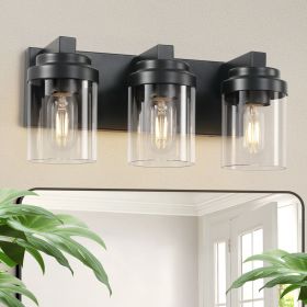 3 Light Bathroom Vanity Light, Matte Black Bathroom Light Fixtures with Clear Glass Shade