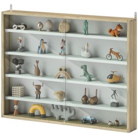 5-Tier Display Cabinet, Wall-Mounted Display Case with 2 Glass Doors and Adjustable Shelves, Oak and White