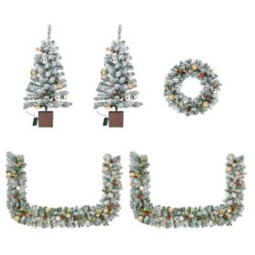 Pre-lit Holiday Christmas 4-Piece Set, Christmas Garland, Wreath And Set Of 2 Entrance Trees With Warm White LED Lights And Remote Control, Artif (Option: Defaulttitle)