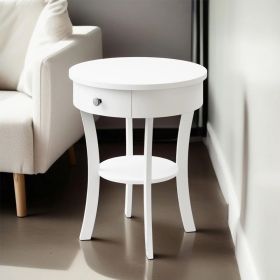2-Tier Wood Round End Table with Open Drawer (Color: White)